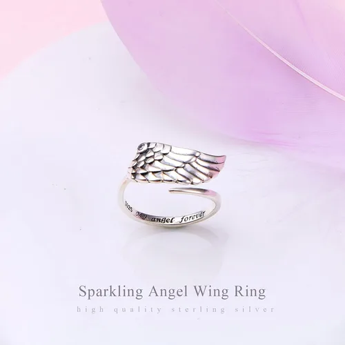 Miniatura 6 de Ladytree Alas de ángel de la guarda de plumas de plata de ley conmemorativa ajustables para el pulgar abierto, joyería para mujeres y hombres