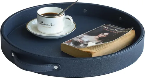 Miniatura 10 de HofferRuffer - Bandeja redonda de piel sintética con asas, bandeja de tocador decorativa para café, bandeja otomana de piel sintética para el hogar
