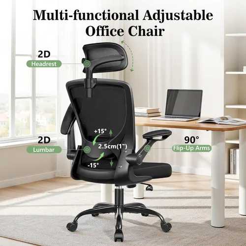 Miniatura 5 de BESTFAIR Silla de oficina ergonómica, sillas de oficina de malla transpirable con soporte lumbar ajustable, brazos abatibles, silla de escritorio