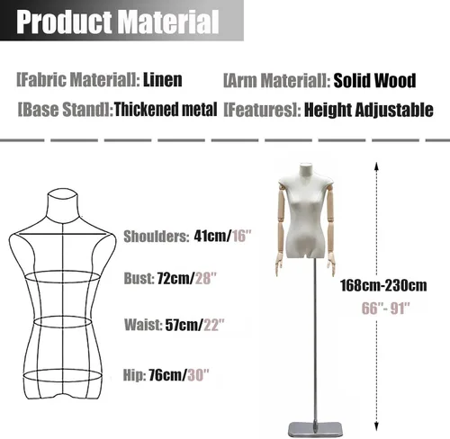 Miniatura 8 de Adjustable Female Mannequin Dress Form - Linen Fabric Torso for Sewing & Display, 66"-91" Height, Anti-Fingerprint Base - Perfect for Tailoring &