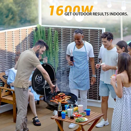 Miniatura 4 de Techwood - Parrilla eléctrica para barbacoa para interiores y exteriores, parrilla portátil extraíble de 1600 W con bandeja ajustable de calor