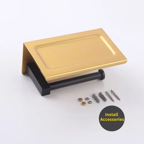Miniatura 8 de GERZWY Soporte de papel higiénico de baño con estante Soporte de rollo de papel de papel de acero inoxidable Soporte de pared (negro y dorado)