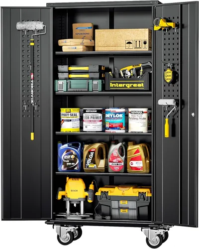 Miniatura 26 de INTERGREAT Armario de almacenamiento de metal con cerradura, gabinete de almacenamiento de metal con cerradura de 72 pulgadas de alto con puertas