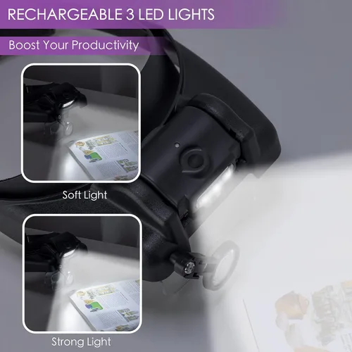 Miniatura 3 de COYLAPY Lupa con luz manos libres, lupa de 1X a 14X para trabajo cercano, auriculares de lupa ajustable con 1x, 1.5X, 2X, 2.5X, 3.5X y lentes Negro