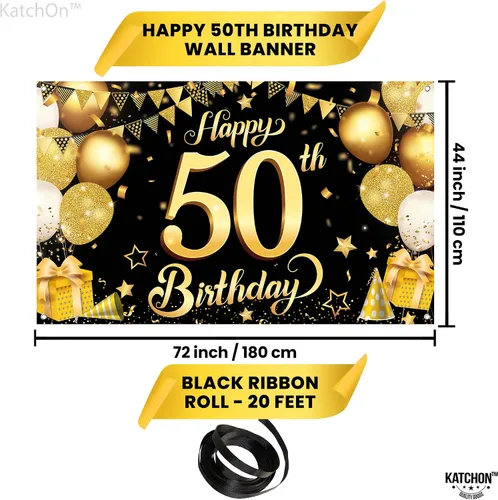 Miniatura 4 de KatchOn, Fondo de feliz cumpleaños 50, grande, 72 x 44 pulgadas, decoraciones de cumpleaños 50 negro y dorado Cartel de feliz cumpleaños 50