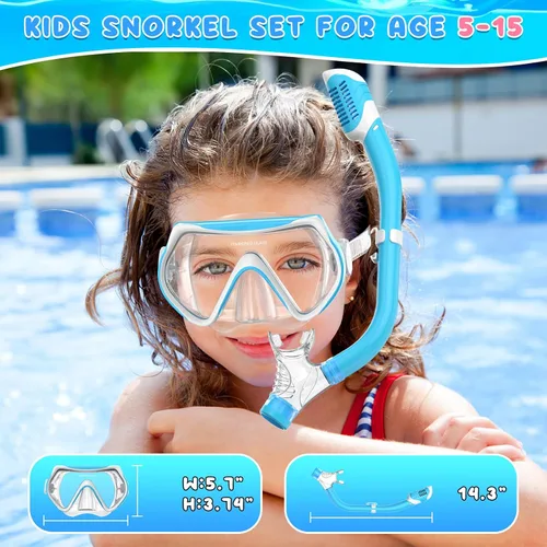 Miniatura 5 de Equipo de esnórquel para niños, conjunto de esnórquel para niños de 6 a 14 años, esnórquel seco superior, conjunto de máscara, gafas de natación