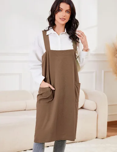 Miniatura 3 de Schine Pinafore de algodón con espalda cruzada para mujer, con bolsillos grandes, prácticos delantales para trabajos de jardinería, cocina, Marrón