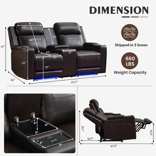 Miniatura 3 de Sofá biplaza reclinable eléctrico con consola, sofá biplaza reclinable de doble motor con reposacabezas eléctrico/carga inalámbrica/luz