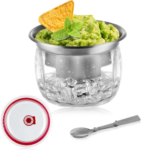 MOLIGOU Cuenco de inmersión refrigerado con tapa, cuenco de 22 onzas para servir refrigerado para fiestas, cuenco de inmersión en hielo con tenedor