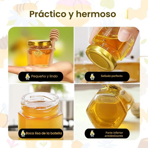Miniatura 4 de Aliggbent - Paquete de 48 tarros de miel pequeños para fiestas, 42 g, hexagonales, con cucharas, tapas doradas, amuletos de abeja, bolsas de regalo