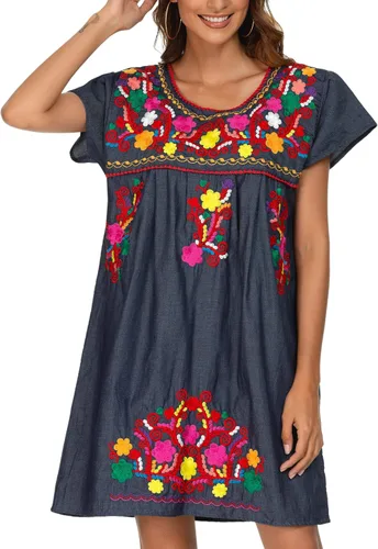Miniatura 4 de YZXDORWJ - Vestido estilo mexicano, bohemio, campesino, para mujer, falda casual, talla extra grande XXL.