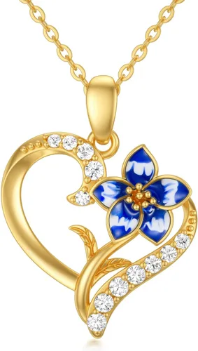 Collar de flor de nacimiento de oro real de 14 quilates para mujer, oro amarillo creado moissanita con colgante de corazón, collares de
