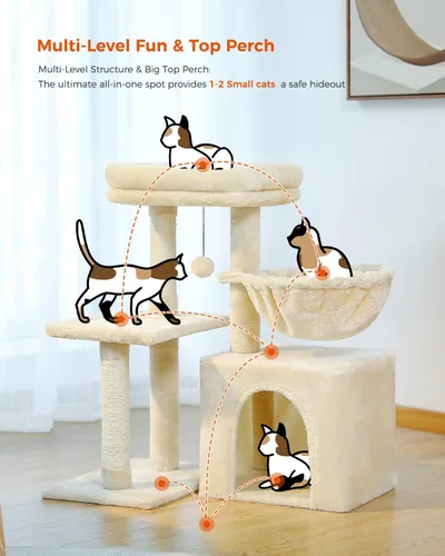 Miniatura 4 de PEQULTI Pequeño Árbol para Gatos, [72.4 cm] Torre para Gatos de Interior, Árbol de Actividad de 2 Estilos con Postes para Rascar, Gran Hamaca y Beige