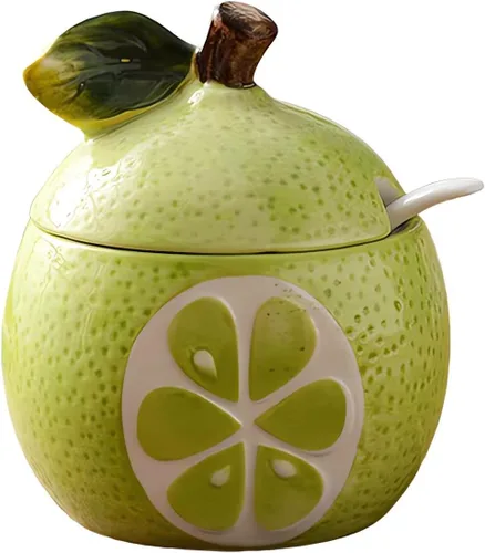 Miniatura 7 de Cerámicas Tazón de Azúcar en Forma de Fruta, Salero, Pimentero, Frasco de Almacenamiento con Tapa y Cuchara, Caja de Condimentos, Ollas de Sandía