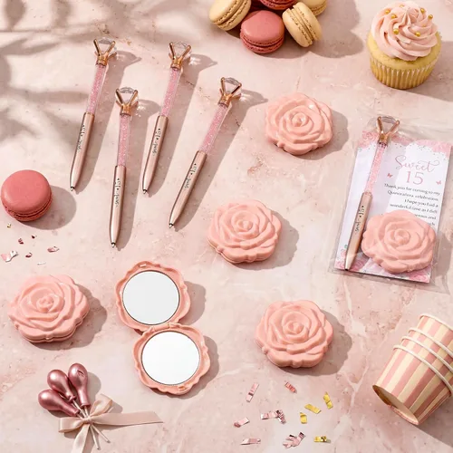 Miniatura 5 de Fuyoooo 25 juegos de bolígrafos de diamantes de quinceañera, recuerdos de fiesta de quinceañera, bolígrafos brillantes con diseño de rosas, espejos