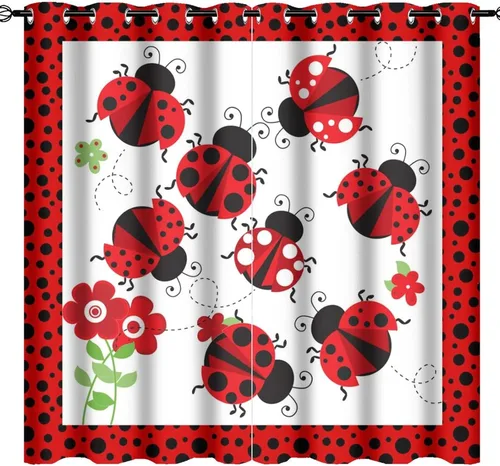 Miniatura 33 de Cortinas opacas de estilo japonés de mariquita de dibujos animados, diseño de eucalipto de mariquita roja y negra, juego de tratamiento de ventana