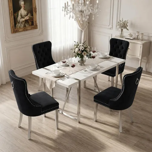 Miniatura 33 de Juego de mesa de comedor negra para 4, parte superior negra brillante de 55 pulgadas con patas de metal dorado, juego de mesa de comedor moderno