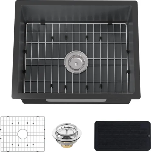 Miniatura 10 de Fregadero de cocina y bar negro de 15 x 17 pulgadas, fregadero de acero inoxidable con rejilla SS, alfombrilla de silicona, colador, colador