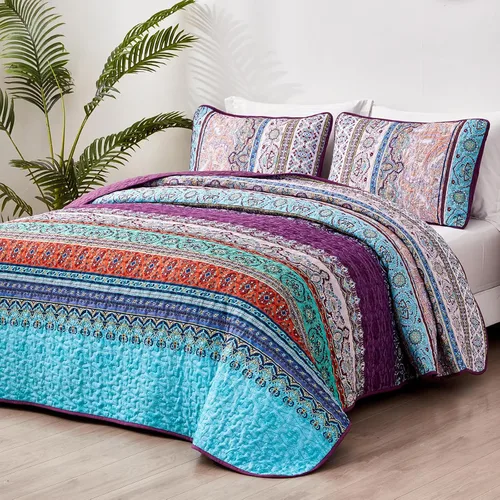 Miniatura 2 de WONGS BEDDING Juego de Colcha Morada Tamaño King, Juego de Colchas Bohemias a Rayas de 3 Piezas, Colcha Ligera de Microfibra para Todas las Púrpura