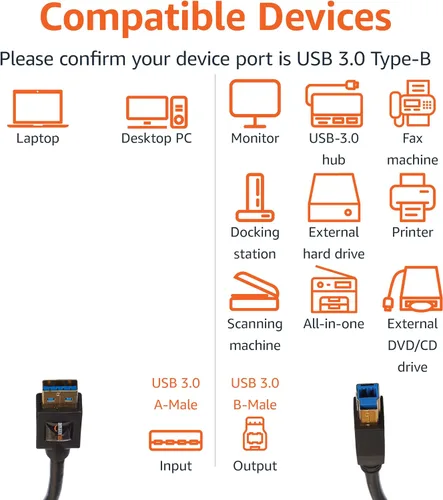 Miniatura 4 de Amazon Basics Cable USB-A a USB-B 3.0, 4.8Gbps de alta velocidad con enchufes chapados en oro, 6 pies, negro