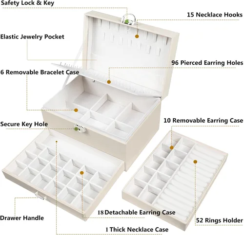 Miniatura 115 de Joyero de pendientes para mujeres y niñas, organizador de aretes de 5 capas, caja organizadora de joyas blanca con candado, collares y aretes