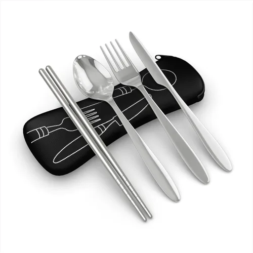 Miniatura 13 de Set de 4 unidades (cuchillo, tenedor, cuchara, palillos) para Viajes/Camping –Cubertería de acero inoxidable con funda de neopreno Juego de 4 piezas