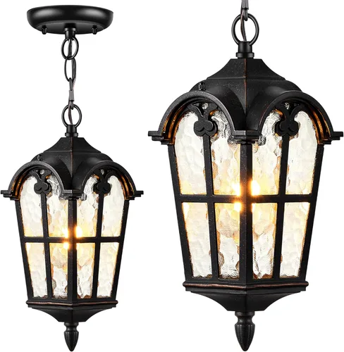 Miniatura 12 de VIANIS Lámpara colgante exterior negra con adornos dorados, luces colgantes exteriores con vidrio ondulado, candelabro exterior de aluminio