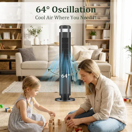 Miniatura 7 de Ventilador de torre para dormitorio, ventilador oscilante silencioso de 28 dB sin aspas con control remoto, 5 velocidades y 4 modos, temporizador