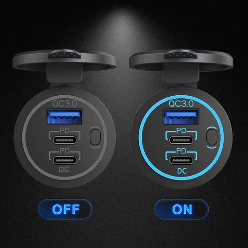 Miniatura 4 de Toma USB de 12V Cable Cargador USB Multipuerto, Dual PD3.0 USB-C y Carga Rápida 3.0 Puerto de Coche con Interruptor de Encendido, Carga Rápida