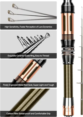 Miniatura 2 de Kit de caña de pescar de 6.89 pies de fibra de carbono telescópica de caña de pescar y carrete combinado con carrete giratorio, caja de aparejos