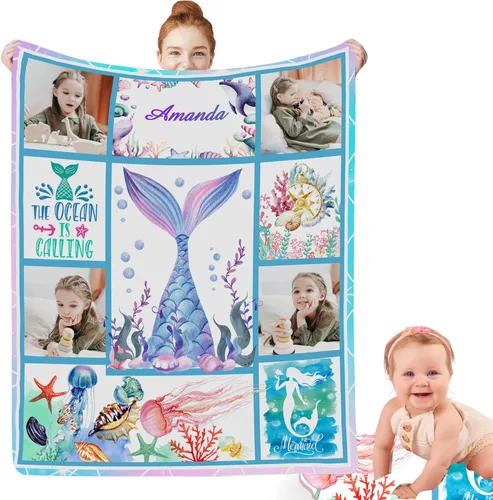 Miniatura 14 de Regalos de sirena para niñas africanas, manta de bebé personalizada con nombre para bebés recién nacidos, manta personalizada para niñas negras