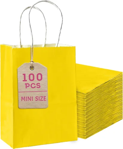 Bakepacker 100 Piezas Bolsas de Regalo de Papel Mini Amarillo Brillante con Asas 6"x4.5"x2.5" Bolsas de Favor de Fiesta Múltiples Usos (Tamaño Mini)