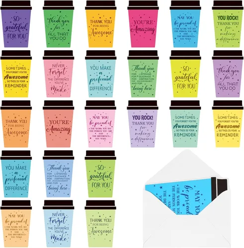 Outus Paquete de 48 tarjetas de agradecimiento de fin de año para profesores, tazas de café, tarjetas de agradecimiento impresas con sobres para