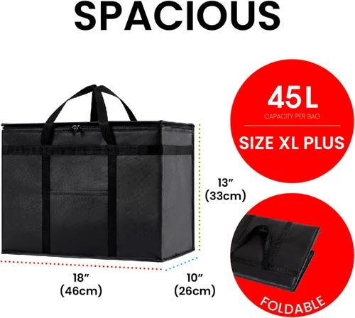 Miniatura 12 de NZ home Bolsa térmica XXL aislada y calentador de alimentos para entrega y compras de comestibles con parte superior con cremallera, color negro