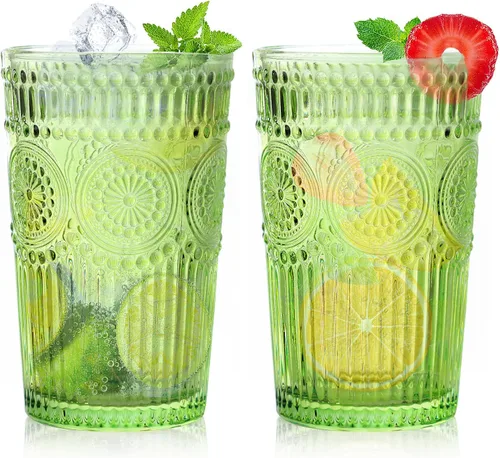 Miniatura 16 de Loivttvv Juego de 6 vasos de bebida vintage, vasos de Highball de 12 oz / 354.83 ml en ámbar, vasos de cristal acanalados con relieve para cóctel