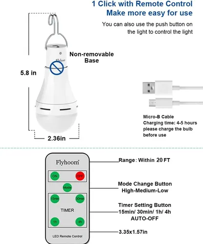 Miniatura 7 de Bombillas recargables USB con control remoto, 4 modos de luz + temporizador, batería recargable de 1200 mAh, bombillas LED portátiles para tienda