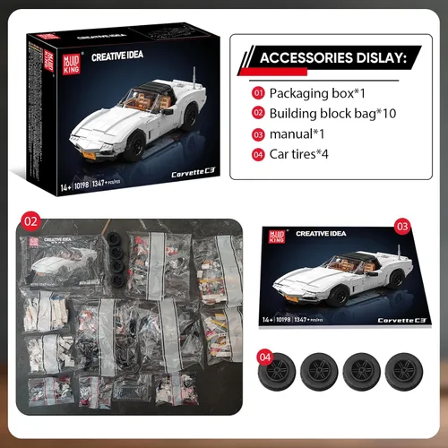Miniatura 7 de Mould King 10198 Kit de construcción de modelo de coche deportivo, juego de bloques de construcción de automóvil clásico vintage con 1347 piezas