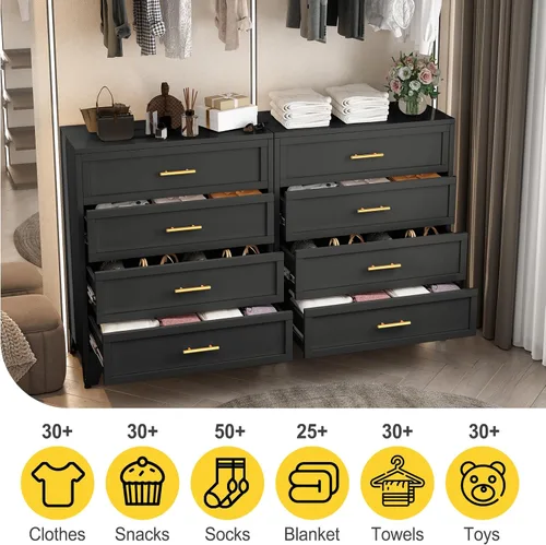 Miniatura 4 de Cómoda de metal de 43.11 pulgadas de alto para dormitorio, cómoda negra de 4 cajones con asas doradas, cómoda de armario con panel estriado, armario