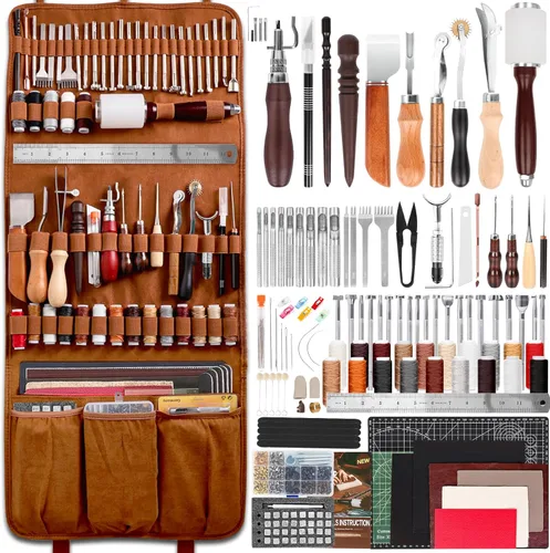 ZAMQIU Kit de trabajo de cuero, kit de herramientas de cuero de 155 piezas con estampado de tallado, corte de punzonado, juego de herramientas de