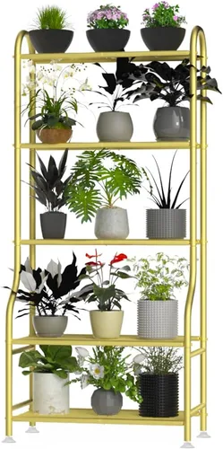 Miniatura 10 de Soporte de metal para plantas de 5 niveles para interiores y exteriores, soporte de flores impermeable para múltiples macetas, soportes resistentes
