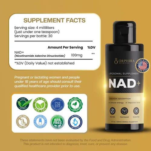 Miniatura 6 de Orphira - Suplemento liposomal líquido NAD+ - 10 veces mejor absorción para energía celular, claridad mental, envejecimiento saludable y apoyo