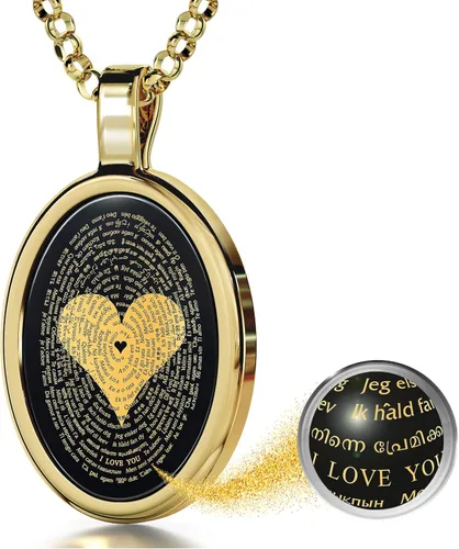 Love Necklace with I Love You inscribed in 120 languages in Miniature Text of Pure Gold on a Romantic Onyx Pendant for Women, 18" Rolo Chain