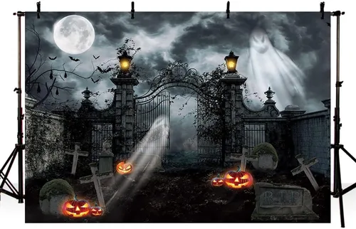 Miniatura 3 de MEHOFOND Fondo de fotografía de cementerio embrujado de Halloween de 7 x 5 pies, linterna gótica de fantasma, terror espeluznante, puerta