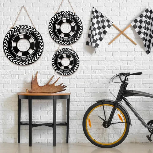 Miniatura 5 de Wesiti 3 piezas de decoración de autos de carreras de 12/10/8 pulgadas de madera para colgar en la rueda de coche de carreras para niños