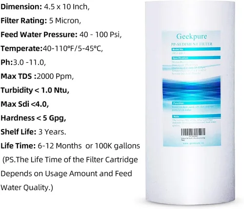 Miniatura 7 de Geekpure Sistema de filtro de agua para toda la casa de 10 pulgadas con 4 filtros de sedimentos de PP: puerto de 4.5 x 10 pulgadas - 3/4 pulgadas