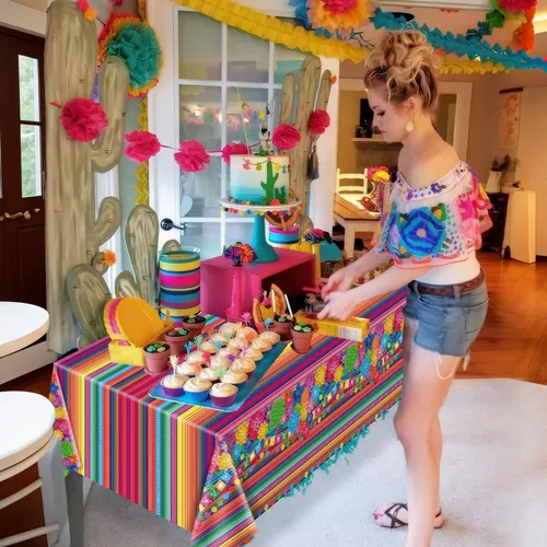 Miniatura 9 de Mantel de plástico para fiesta mexicana, 4 unidades, diseño de flores de papel a rayas mexicanas, decoración rectangular para fiesta de taco