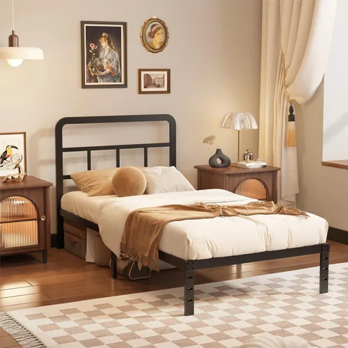 Miniatura 7 de Husleephu Marcos de cama individual con cabecero, marco de cama de plataforma individual de 12 pulgadas de metal resistente, no necesita somier