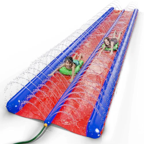 Miniatura 2 de Stargo Tobogán acuático inflable de 2 carriles, divertido deslizamiento hacia abajo y deslizante, extra largo y extra ancho, tobogán acuático de 25
