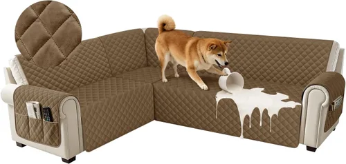 Miniatura 37 de Fundas impermeables para sofá seccional de esquina en forma de L, de terciopelo, juego de 6 piezas, funda en forma de U para sofá, para perros