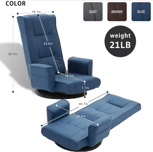 Miniatura 2 de Silla de suelo giratoria de 360° con reposabrazos, tumbona ajustable de 14 posiciones para adultos, asiento acolchado plegable con respaldo para Azul